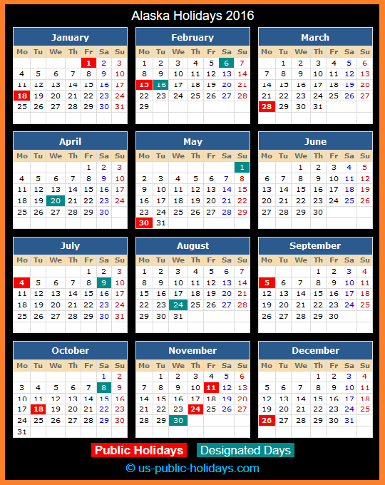 Alaska Holiday Calendar 2016