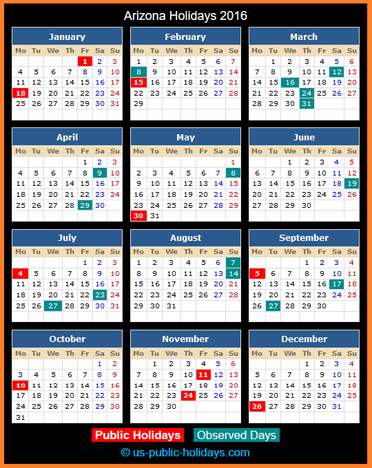 Arizona Holiday Calendar 2016