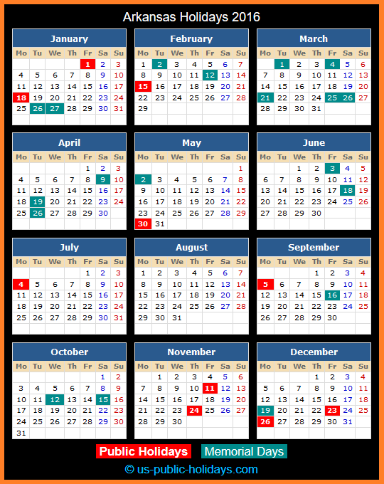Arkansas Holiday Calendar 2016