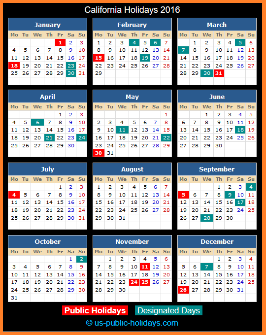California Holiday Calendar 2016