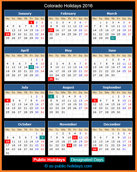 Colorado Holiday Calendar 2016