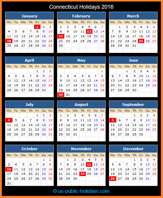 Connecticut Holiday Calendar 2016