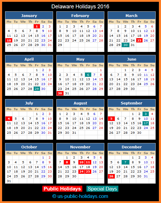 Delaware Holiday Calendar 2016