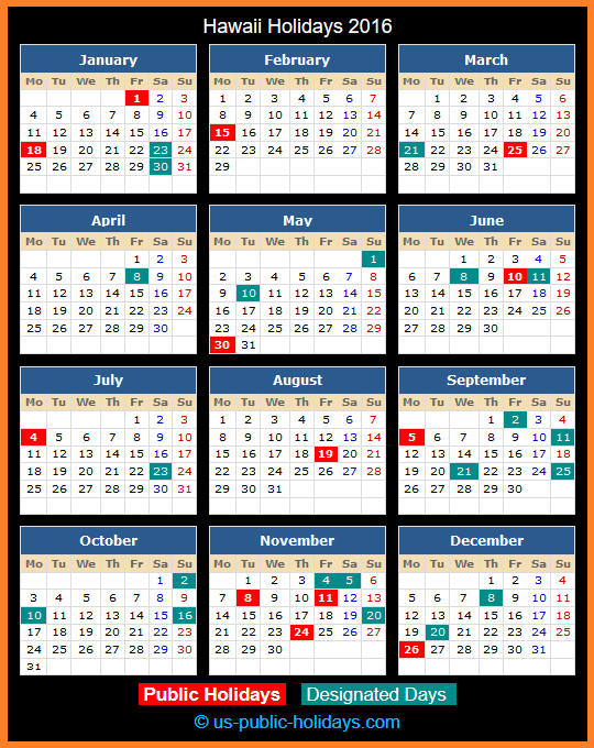 Hawaii Holiday Calendar 2016