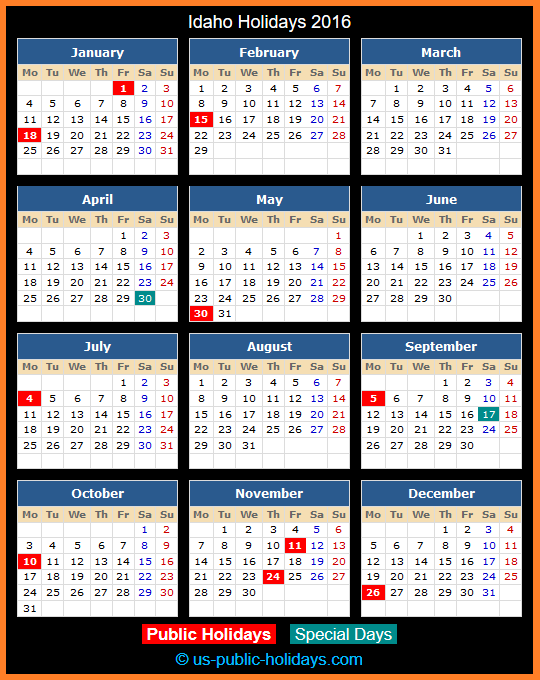 Idaho Holiday Calendar 2016