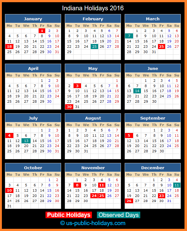 Indiana Holiday Calendar 2016