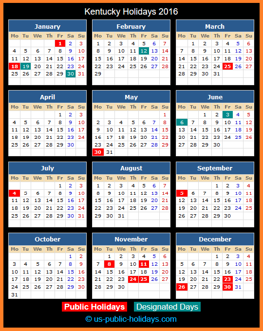 Kentucky Holiday Calendar 2016