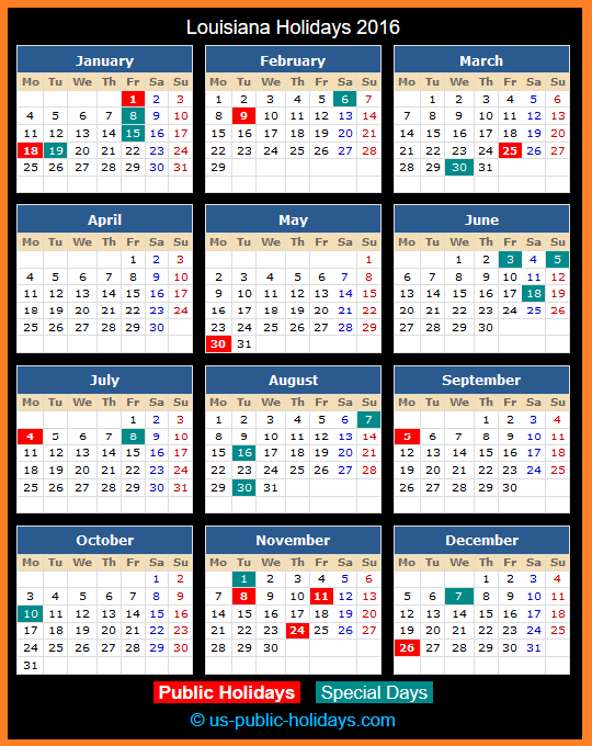 Louisiana Holiday Calendar 2016