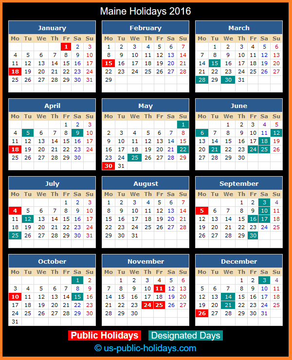 Maine Holiday Calendar 2016