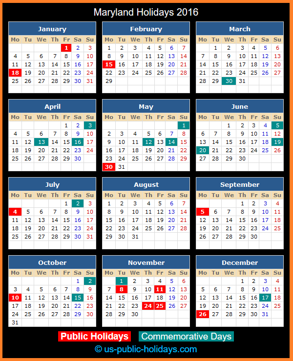 Maryland Holiday Calendar 2016
