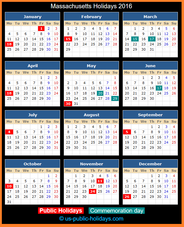 Massachusetts Holiday Calendar 2016