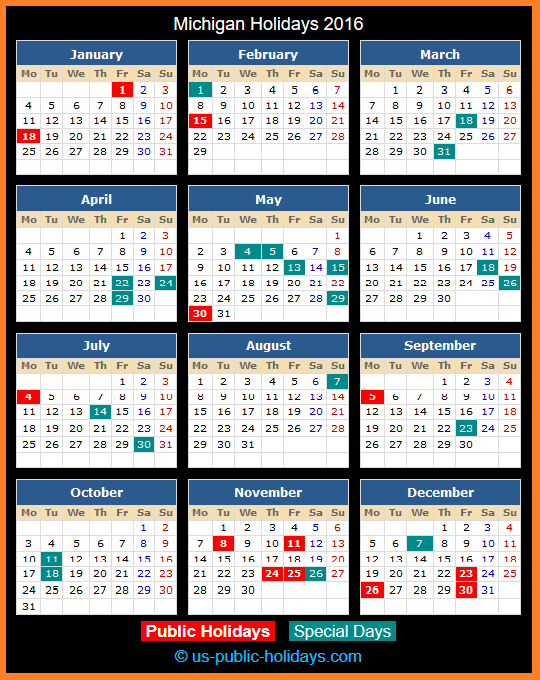 Michigan Holiday Calendar 2016