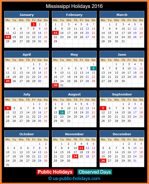 Mississippi Holiday Calendar 2016