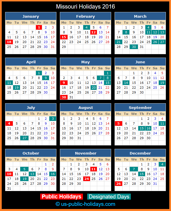 Missouri Holiday Calendar 2016
