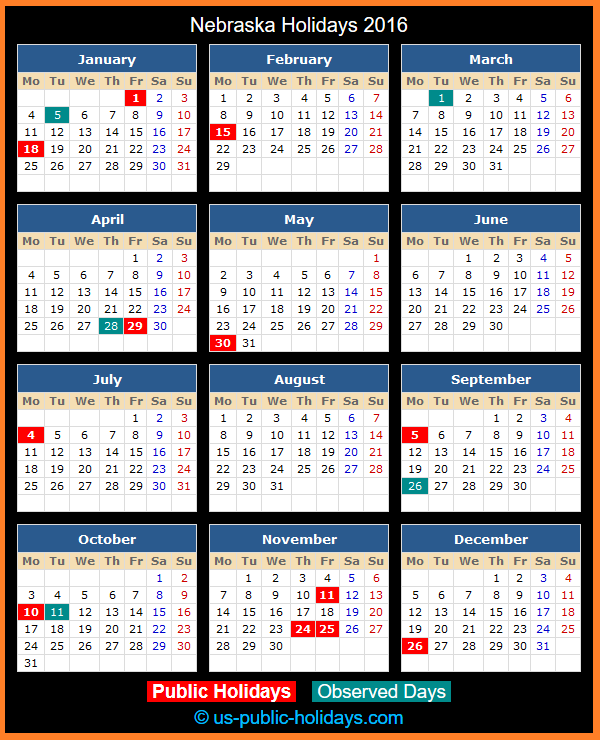 Nebraska Holiday Calendar 2016
