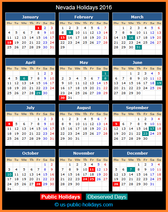 Nevada Holiday Calendar 2016