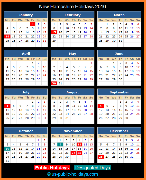 New Hampshire Holiday Calendar 2016