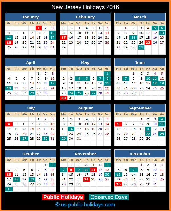 New Jersey Holiday Calendar 2016
