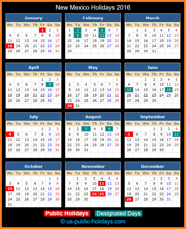 New Mexico Holiday Calendar 2016