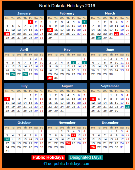 North Dakota Holiday Calendar 2016