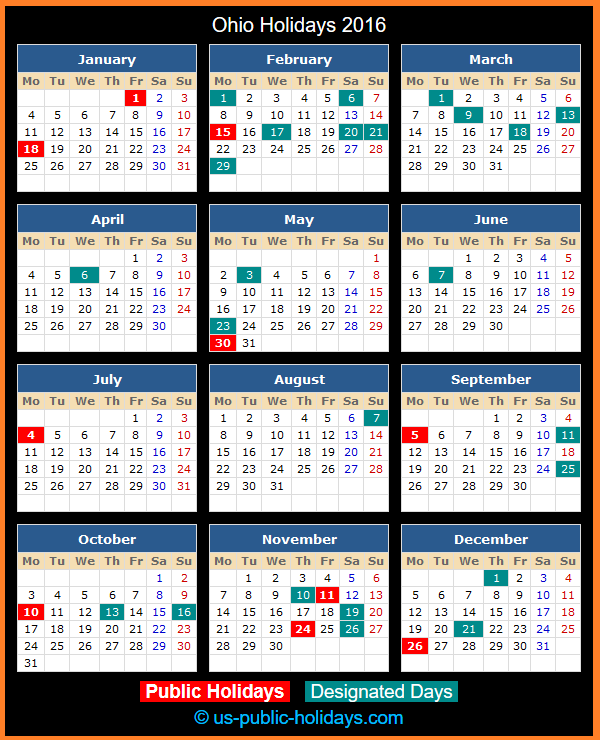 Ohio Holiday Calendar 2016