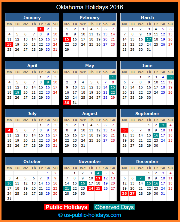 Oklahoma Holiday Calendar 2016