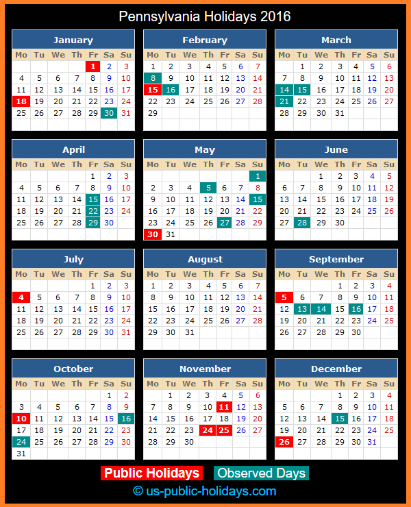 Pennsylvania Holiday Calendar 2016