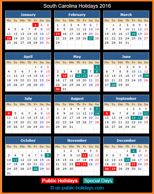 South Carolina Holiday Calendar 2016