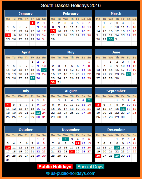 South Dakota Holiday Calendar 2016