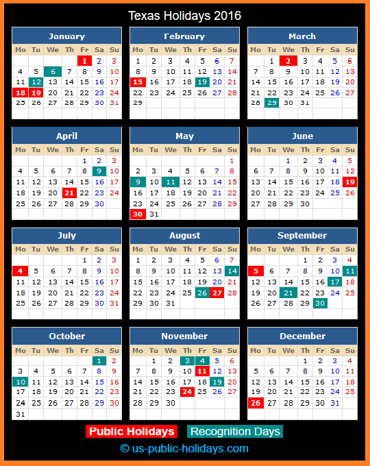 Texas Holiday Calendar 2016