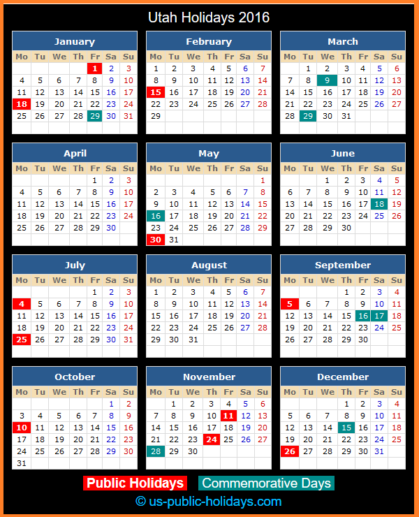 Utah Holiday Calendar 2016