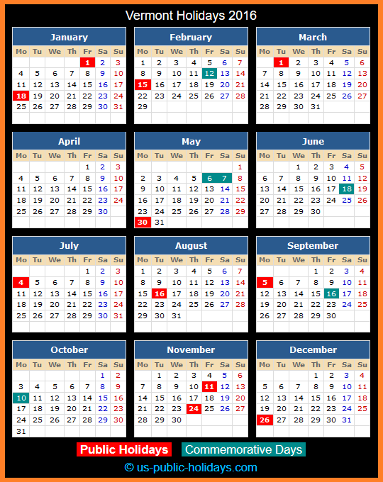 Vermont Holiday Calendar 2016