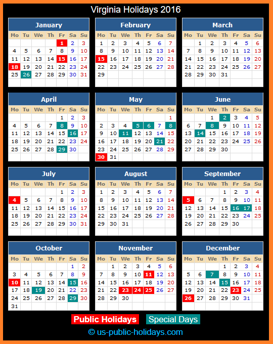 Virginia Holiday Calendar 2016