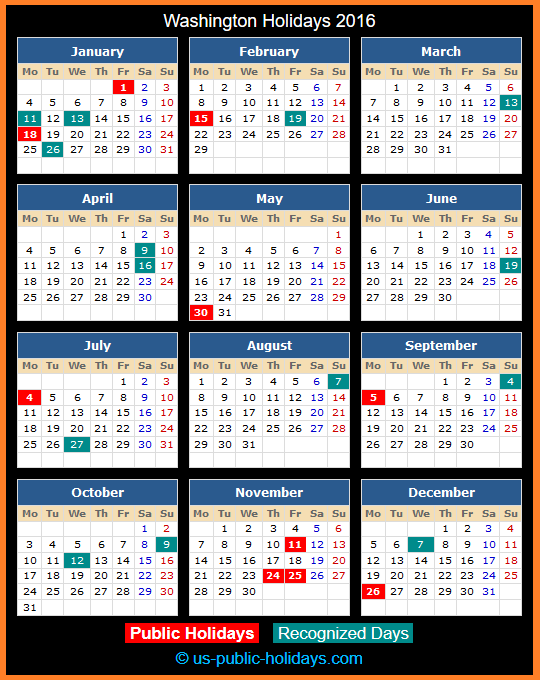 Washington Holiday Calendar 2016