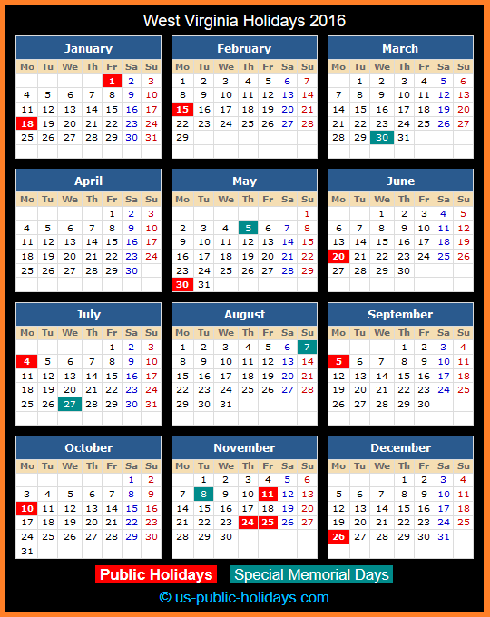 West Virginia Holiday Calendar 2016