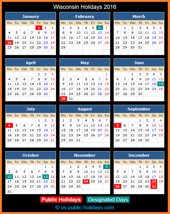 Wisconsin Holiday Calendar 2016
