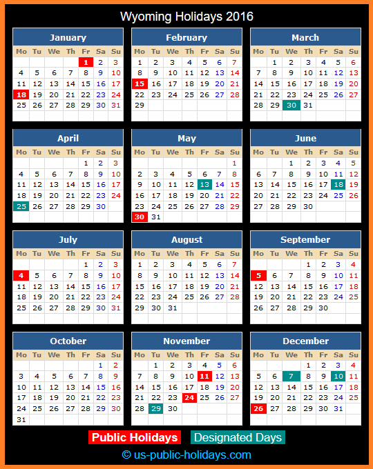 Wyoming Holiday Calendar 2016