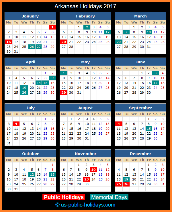 Arkansas Holiday Calendar 2017