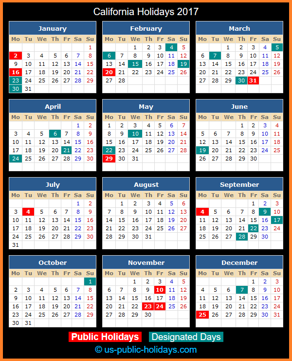 California Holiday Calendar 2017