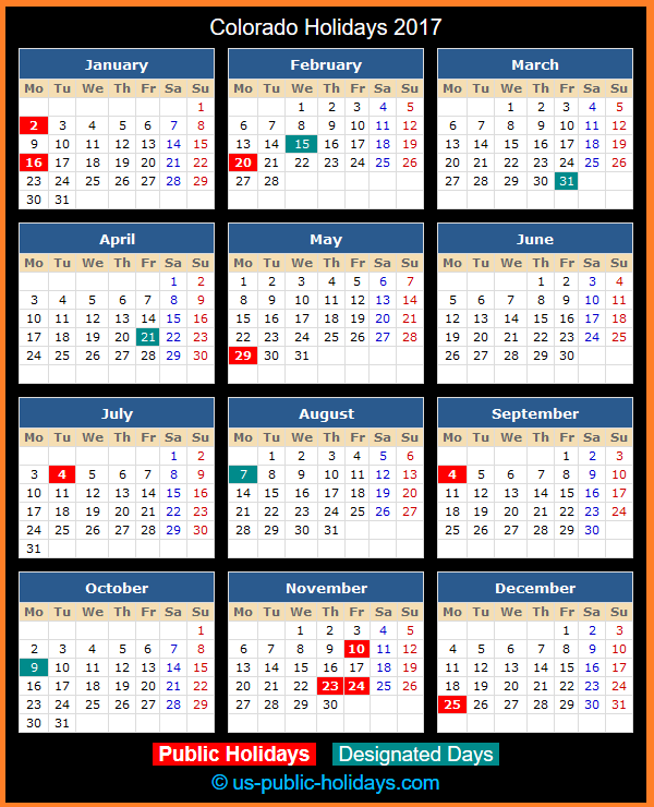 Colorado Holiday Calendar 2017