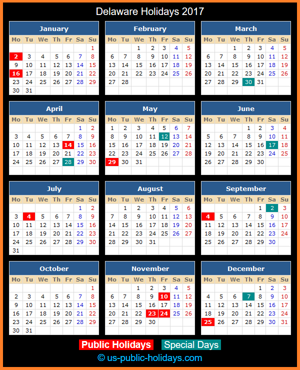 Delaware Holiday Calendar 2017