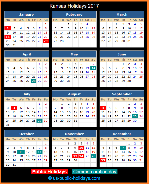 Kansas Holiday Calendar 2017