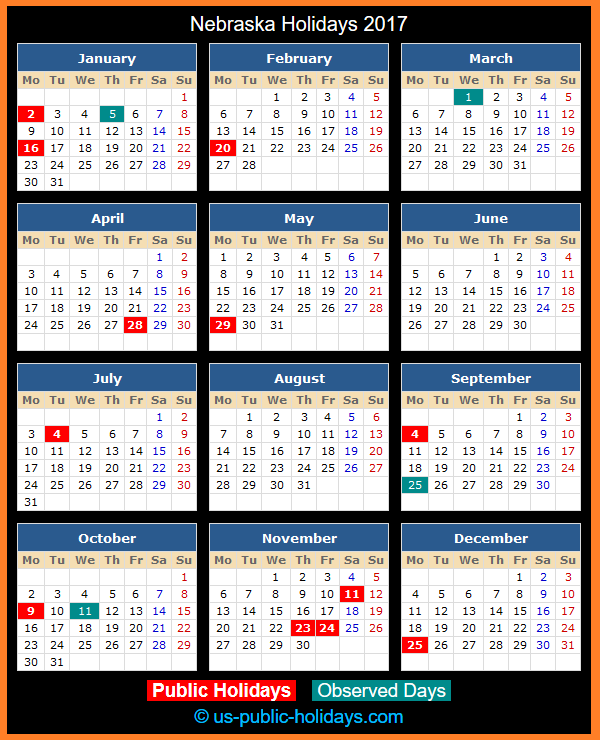 Nebraska Holiday Calendar 2017