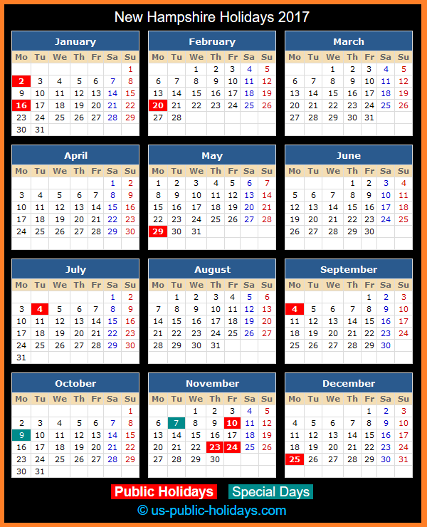 New Hampshire Holiday Calendar 2017