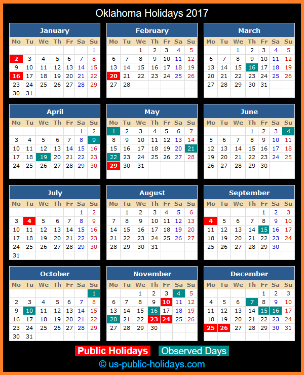 Oklahoma Holiday Calendar 2017