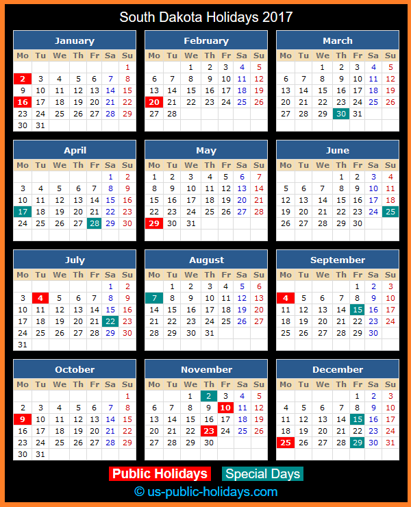 South Dakota Holiday Calendar 2017