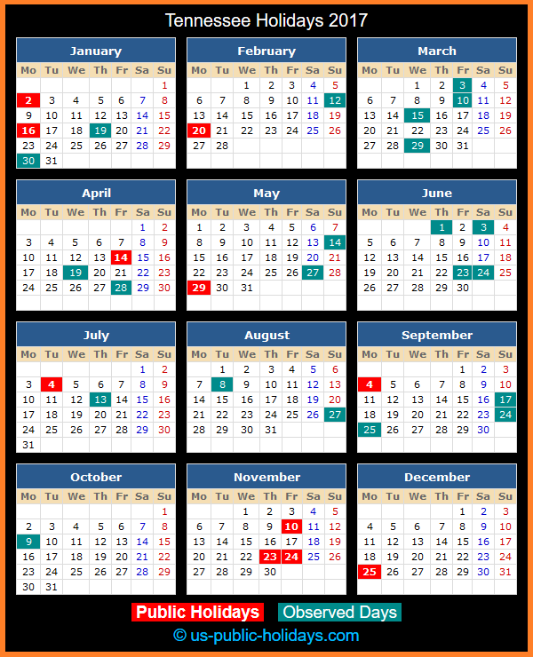 Tennessee Holiday Calendar 2017