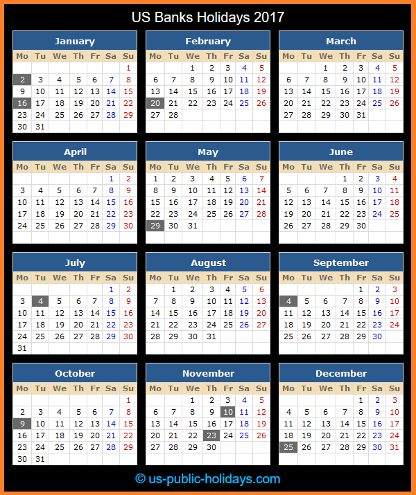 US Banks Holiday Calendar 2017