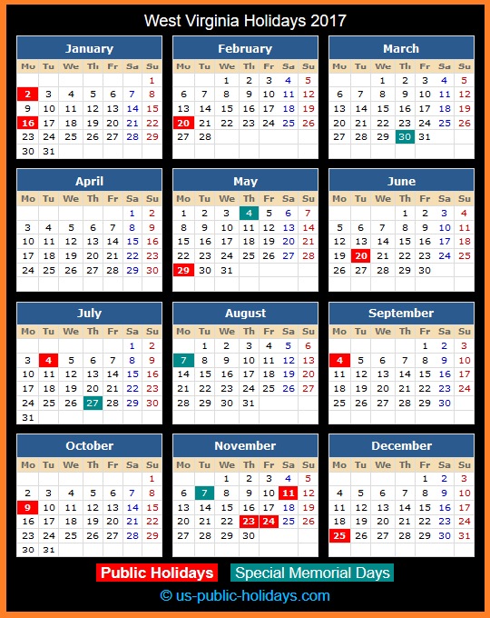 West Virginia Holiday Calendar 2017
