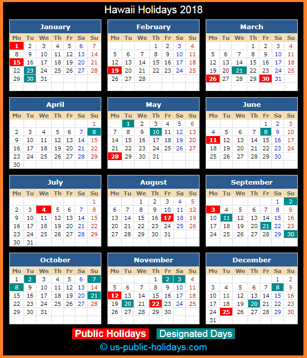 Hawaii Holiday Calendar 2018